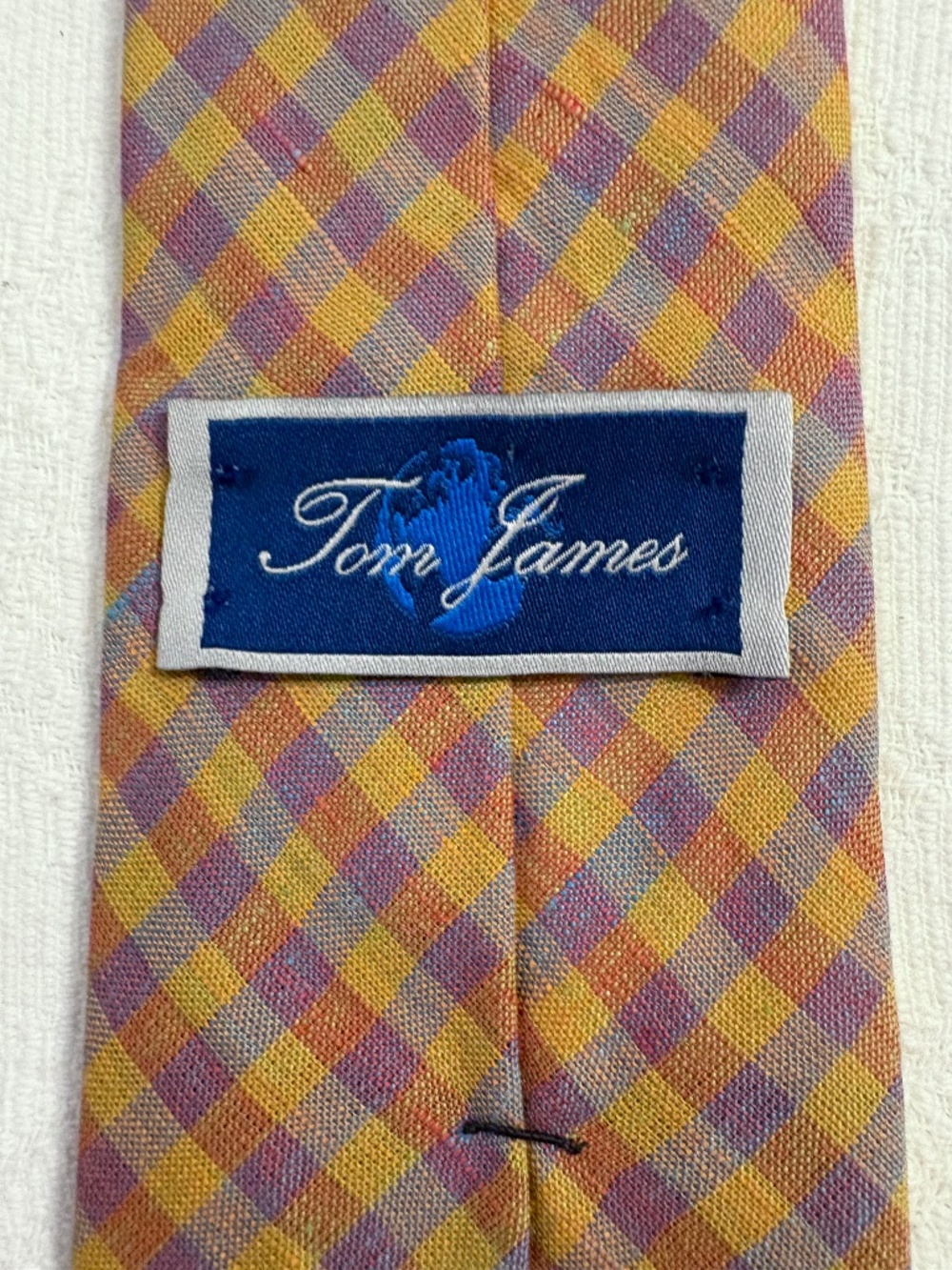 Tom James Men's 100% Linen Tie Plaid Gingham Orange Purple Check